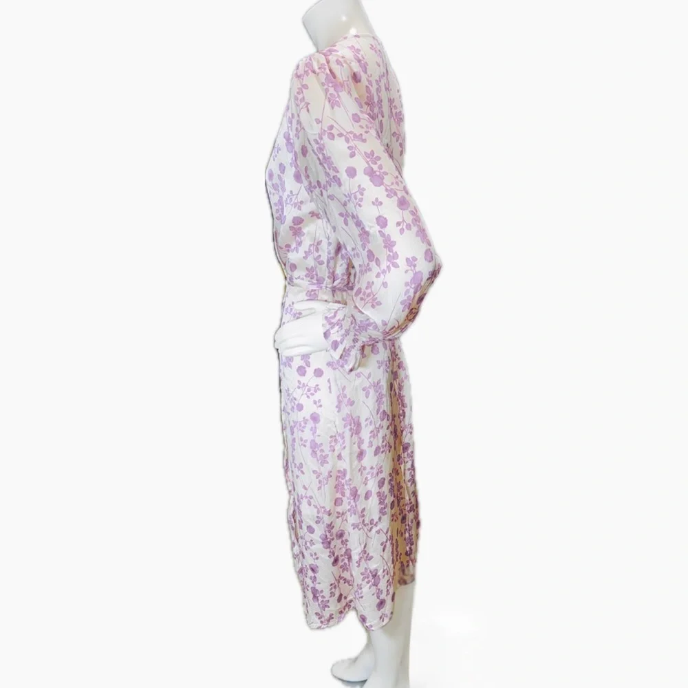 👗🌸 BISHOP + YOUNG Floral Wrap Midi Dress Lavender Ivory Long Sleeve l Sz M - Picture 4 of 9